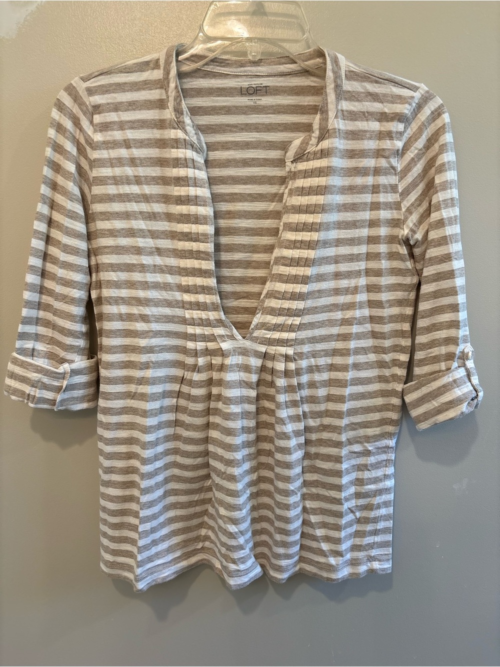 LOFT Taupe & White Striped V-Neck Longsleeve Top - Size XS